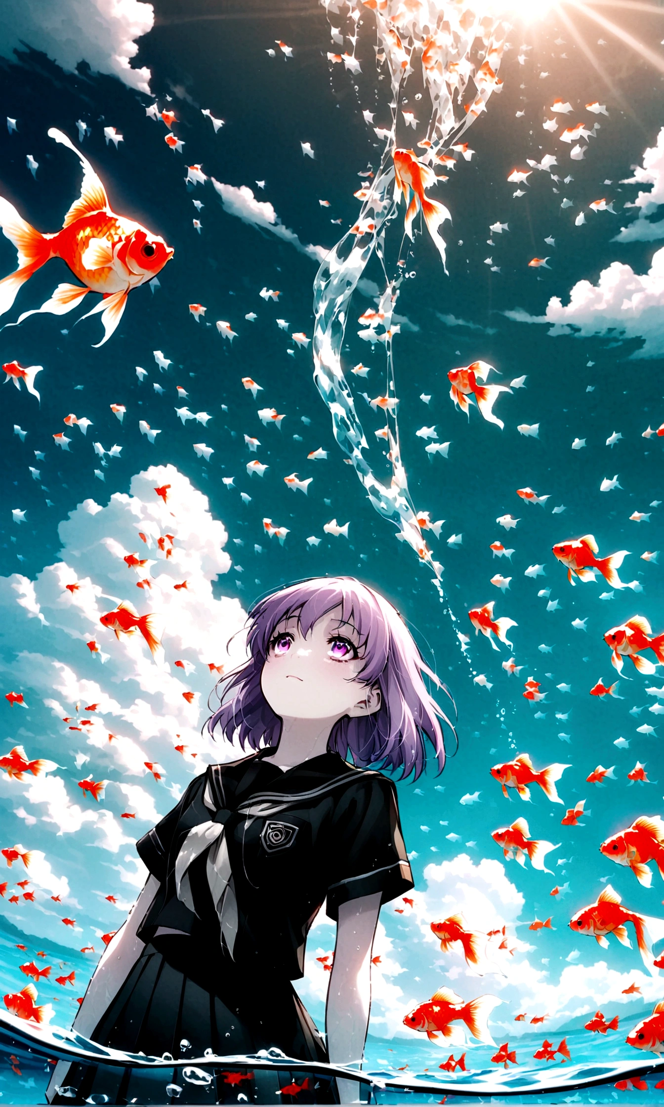 (woman\(student, , JK, Silver flowing short hair, Cosmic eyes, Black school uniform, Pale skin, Tired face,Eyes without luster\) look up to the sky), (Many goldfish swimming in the air), Beautiful sky, Beautiful clouds, In summer,五颜六色的鲜花随处绽放 woman is at messy downtown, rest ,quality\(8K,Extremely detailed CG unit wallpaper, masterpiece,high resolution,top-quality,top-quality real texture skin,Surrealism,提high resolution,original photo,Best quality,Very detailed,wallpaper,light,Ray Tracing,Golden Ratio\),(Long Shot),