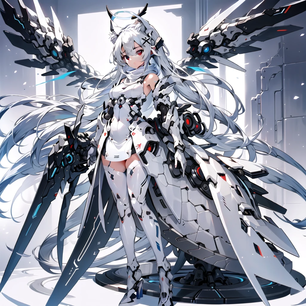 masterpiece, highest quality, highest resolution, clear_image, detailed details, White hair, long hair, cat ears, 1 girl, red eyes, white pantyhose, white sci-fi dress, white scarf (white scarf around the neckwith a light blue glow), gray futuristic halo (gray halo over the head), white wings (4 wings), cute, full body, no water marks, outer space