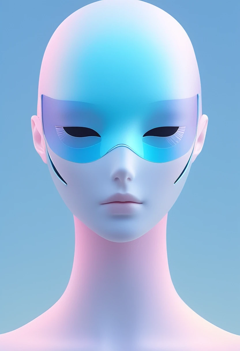 3d illustration of the upper body and face of an AI mannequin wearing futuristic eye mask, gradient background, pastel color palette, pink blue, minimalistic, matte plastic surfaces, hyper realistic,