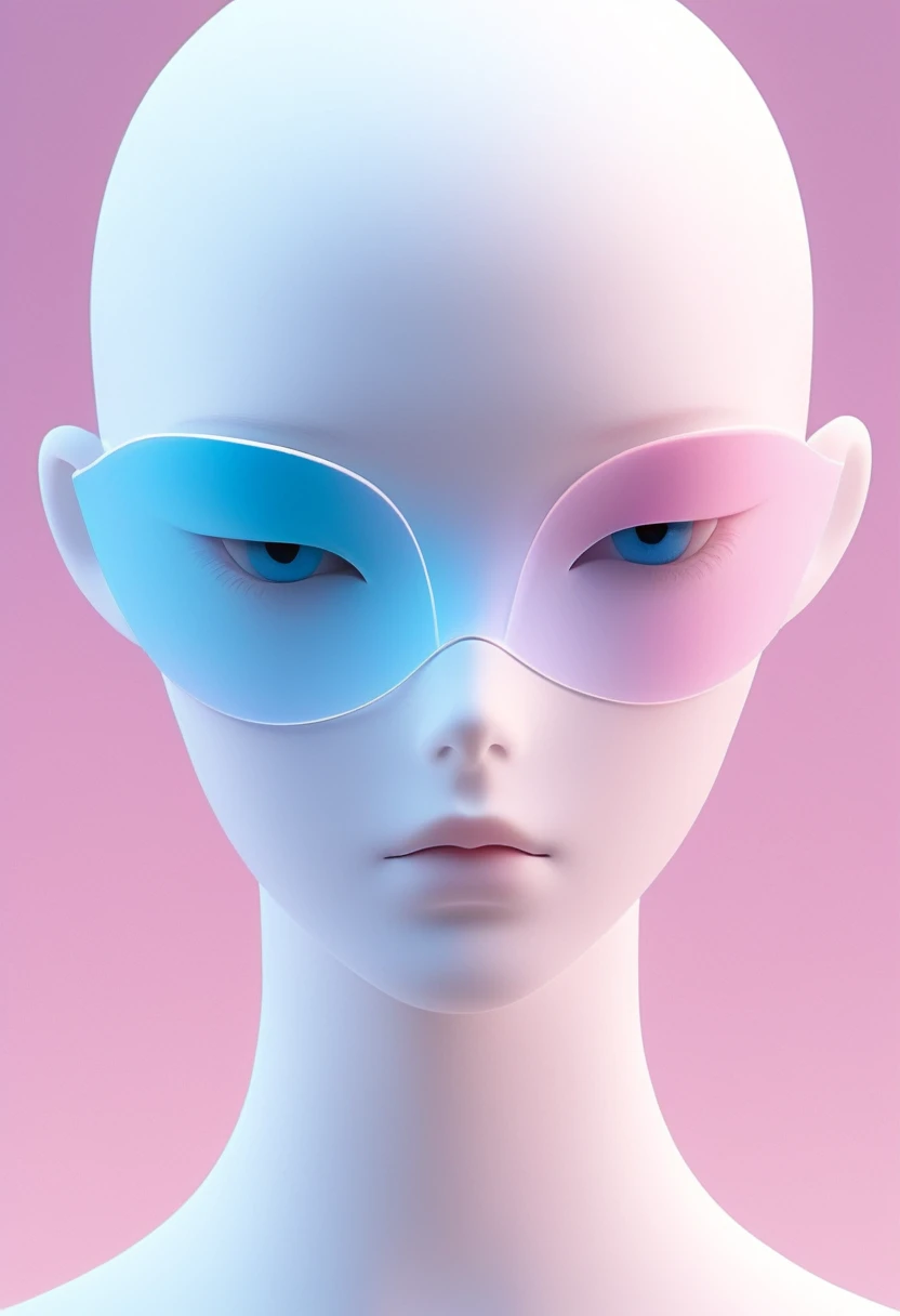 3d illustration of the upper body and face of an AI mannequin wearing futuristic eye mask, gradient background, pastel color palette, pink blue, minimalistic, matte plastic surfaces, hyper realistic,