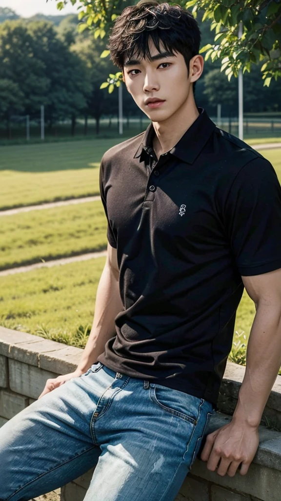 young korean man , 1 boy, white skin , Fine skin, 1 boy, ((realistic)), abdomen, good light quality, muscle veins, ((Pale skin)), football player, (Masterpiece, Special quality, high resolution, 8K, complicated:1.2), (detailed face:1.2), handsome, , Embossed, 1 boy,alone, look at viewer, Balancing the eyes, , (Make eye contact), , black polo shirt, With super tight navy blue jeans., big Embossed (In the countryside:1.5), (field:1.3)