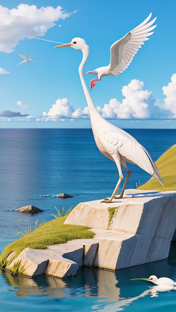 a white crane standing at the edge catching fish. Various colorful fish swim near the surface, and the sky is clear and blue."