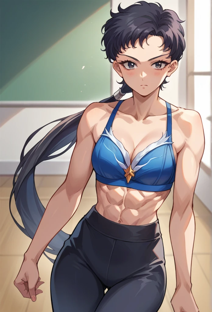 score_9, score_8_up, source_anime, 1girl, solo, SailorStarFighter, black hair, long hair, low ponytail, cloakroom, blue bra, abs, medium breast, high-waist pants, yoga pants, black pants, light blush, 