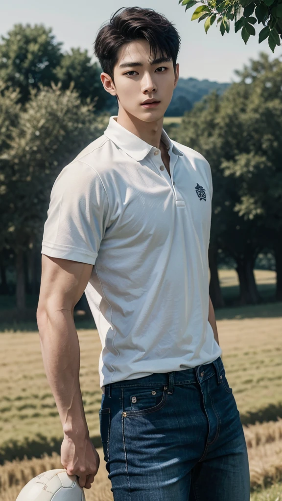 young korean man , 1 boy, white skin , Fine skin, 1 boy, ((realistic)), abdomen, good light quality, muscle veins, ((Pale skin)), football player, (Masterpiece, Special quality, high resolution, 8K, complicated:1.2), (detailed face:1.2), handsome, , Embossed, 1 boy,alone, look at viewer, Balancing the eyes, , (Make eye contact), , black polo shirt, With super tight navy blue jeans., big Embossed (In the countryside:1.5), (field:1.3)