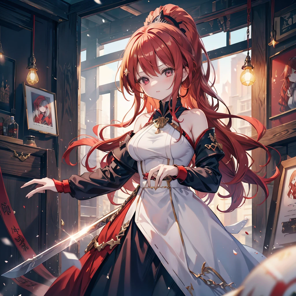 Anime style painting, Aurora, Snow Country, Holding a sword, An illustration, Calm expression, Perfect hands, elder, Redhead, Dignity at 50, ほろ酔いのwoman, alone、masterpiece、Highest quality、(Babes)、Fractal Art、Red eyes、Narrow eyes、Black and red dress, Reddish lips、From the shoulders up、Serious face、一人のwoman、Red Long Ponytail, Curly Hair, Red eyes,Golden accessories, alone, Big Breasts, woman, Take-out, Provocative laughter,40 year old woman,Queen of Sadism, Perfect Human Medicine,Acheron, Estilo Genshin Impact, Combat pose, Very detailed, High resolution, whole body, Sword Rain Red, Black Hole Red