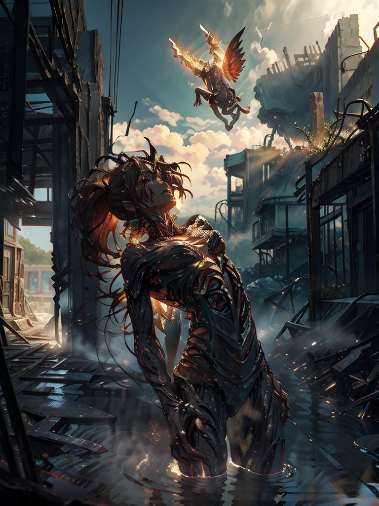 A handsome man, with wings, flying above the sky, visual effect, a man is carrying a woman wearing cloth, in both hands, with the background, a destroyed city, which is filled with murky water, and debris, flowing fast, like tsunami, realistic 3D art. [8K, Best Quality, Masterpiece, Ultra High Resolution, (highly detailed CG unity 8k wallpaper), (best photo), (best shadows), isometric 3D, octane rendering, ray tracing, highly detailed, (wide panoramic view: 1.1), (Best quality, 4K, 8k, A high resolution, masterpiece:1.2), absurdity, masterpiece, ultra detailed, (realistic, photorealistic, photorealistic:1.37), complex parts, HDR, (complex parts:1.12), (hyper detailed, hyper realistic, Soft lighting, spicy:1.2), (complex parts, Hyper detailed:1.15). Blurred foreground. (backlit), realistic, masterpiece, high quality, brightness, chromatic aberration, by Jeremy Lipking, 8k uhd, some smoke, shadows, contrast, clear sky, (warm hue, warm tone), high details, natural reflections].