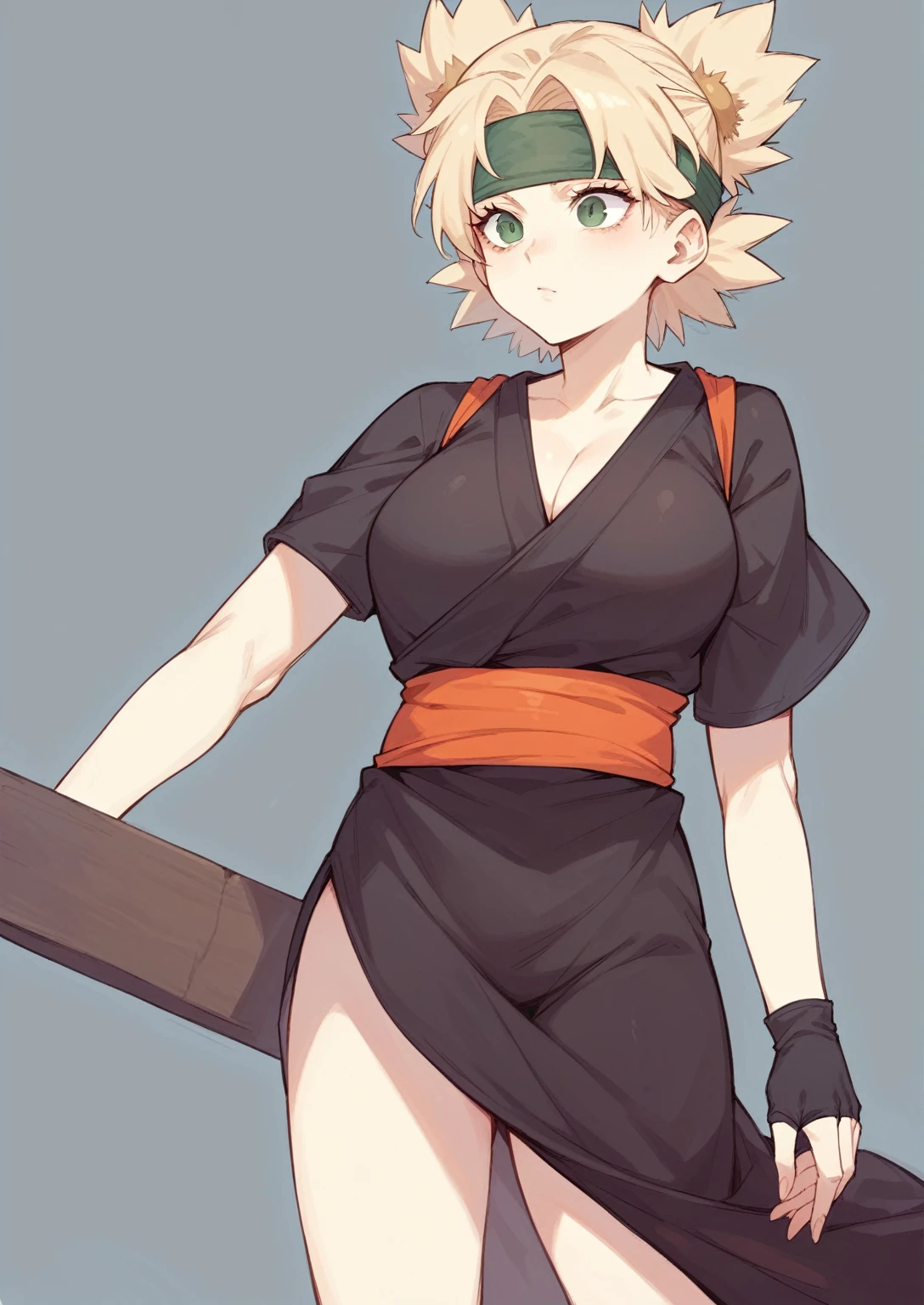 1 girls, Temari, gray clothes, Short hair, beautiful face, Black gloves, Headband, Big breasts, breast cleavage, high-detail