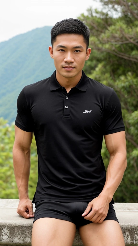Thai man ,man，He is about 30 years old.，Rough and handsome appearance，Big muscleuscleหน้าอกขนาดใหญ่，(black polo shirt park:1.3)，Big waistline，chest hair，sitting on the roadside，Wearing the tongs，buzz cut, angry, sullen, best quality, Masterpiece，(outdoor background road :1.5)，（Have muscles：4.5），（fat：1.5），（gray hair：1.5 ），（gray body hair：1.5），（skin wrinkles：1.5），（shine on the skin：1.5），(best quality,High resolution,Masterpiece:1.2),The eyes are natural and delicate.,1 person,alone,gay asian,muscle,Long legs,brave,short hair details,conjunctivitis ,stalwart,brown eyes,In the swimming pool,