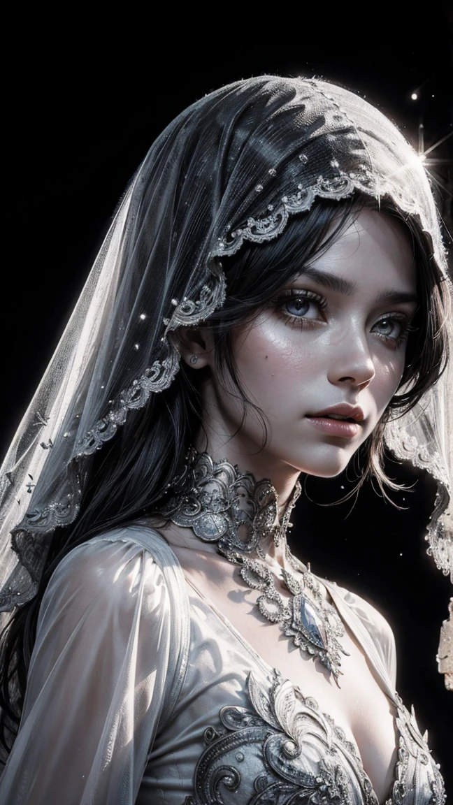 Portrait of woman, catholic virgin, dress with transparent veil , whole body, (8k, photo and gross, of the highest quality), Hyper realistic, intricate summary, Intricate artwork, abstract style, Striking portrait, threatening, creature from another world, [devil:darkness:35], [Temple, roman church , frozen landscape, cold and desolate, fearsome power and ethereal presence, non-representational, pencil drawing and shapes, expression of feelings, imaginative, Very detailed, transparencies, shadows, Contrasts, Extremely high resolution details, photographic, Realism taken to the extreme, fine texture, 4k, ultra detailed, high quality, high contrast made of resin , in black and white