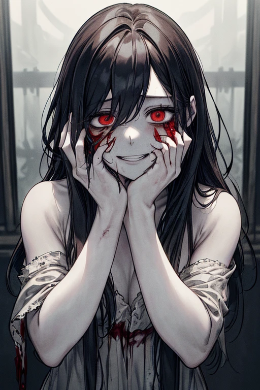 (masterpiece:1.2, Highest quality), (Actual Photos, Intricate details), (1 female, alone, Upper Body, Small breasts) ，Eyes Wide Open、Red tears overflowing from the eyes、Blood red tears、Scary atmosphere、Distorted facial expressions、Twisted Smile、Covered in blood、Blood from the head、Bleeding、Blood splatter、whole body、bandage、Punk Fashion、Long Hair、Long bangs、Twin tails、Black Hair、（（（Dark circles under the eyes）））、Pale skin、Feeling unwell、Pathological、Wicked Smile、Crazy Eyes、（Grin）Dramatic makeup，Create mixed media art、White Background