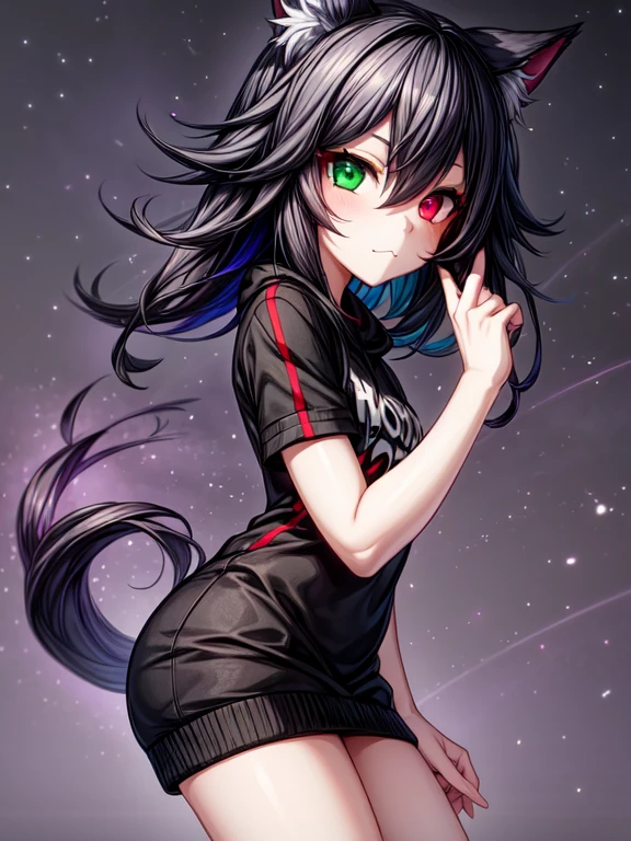 1 girl, black medium hair, heterochromia, Red eye, green eyes, inumimi, gray sweatshirt, :3