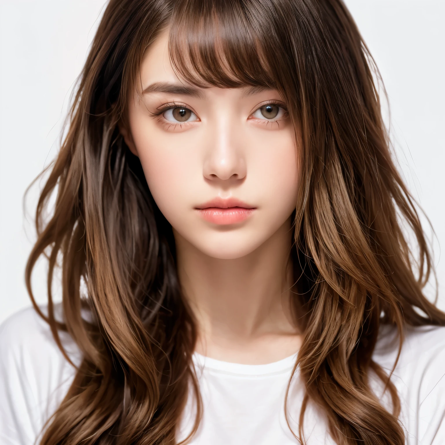 A high-quality, front-facing passport photowoman has a body hairstyle with a long style, bob length, tight curl, integrated into face line bangs, and blonde brown hair. The hairstyle should be completely realistic and well-defined, showcasing all the intricate details. The photo should feature a clear face and full hairstyle on a white background, showing only the face and neck, with a white t-shirt. The face should be positioned exactly in the center of the photo. colorful, vivid colors, masterpiece, best quality, absurdres, highest quality, amazing details, 8k, aesthetic, 
