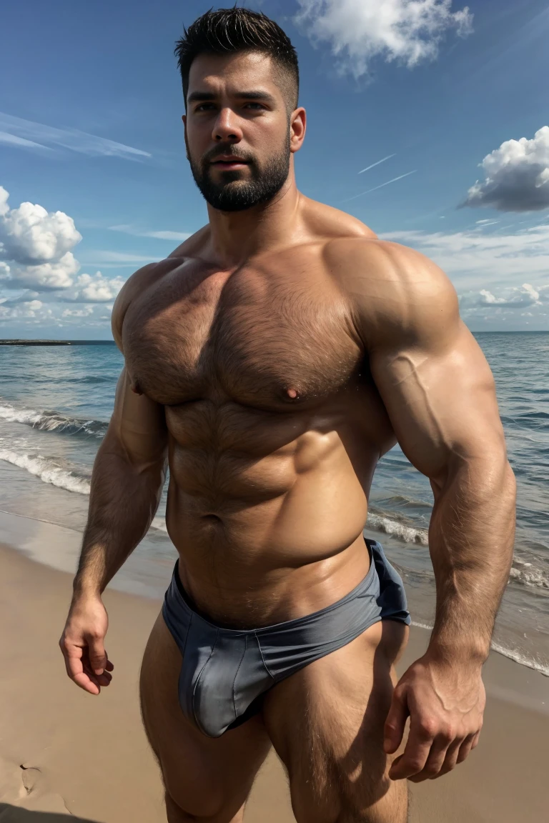 Ultra wide angle,(Medium shot of two handsome guys),twin,Male love,plump breasts,swelling of chest muscles,Full chest muscles,swelling of chest muscles,Sweat,Skin is moisturized and shiny,(face slimming),small head,short hair,beard,Sexy and charming expression,gloomy eyes,blue eyes,Naughty and cool,Handsome and cool guy, (Topless), ultra thin pantyhose,Big bag highlights,(Full chest muscles),(breast muscle swelling),Chest and belly hair,Topless,Skin smooth and hydrated,fiery, Super Sexy, Behind him is the sea, standing on a sandy beach by the ocean,There are flying fish and dolphins in the water,of a Topless, member, Very sexy,Blue sky and white clouds, member, looks hot, Strong smoldering, Attractive and good looking, 30 years old, Attractive man, sexy masculine, 8k reality, Ultra-detailed photos, Bulger j8,Perfect hand details,Perfect facial details