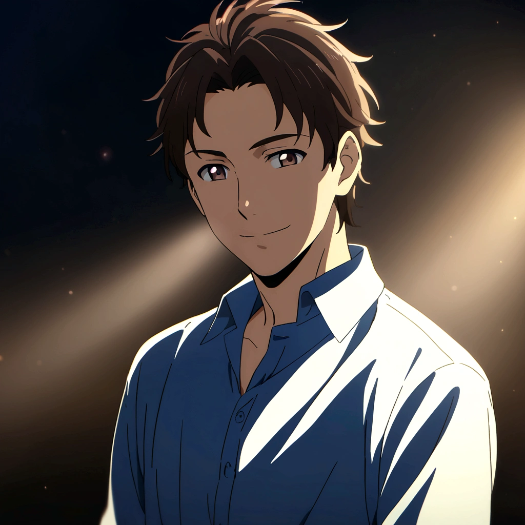 Smiling man in his 30s, Basic blue shirt, Dark brown eyes, Anime version