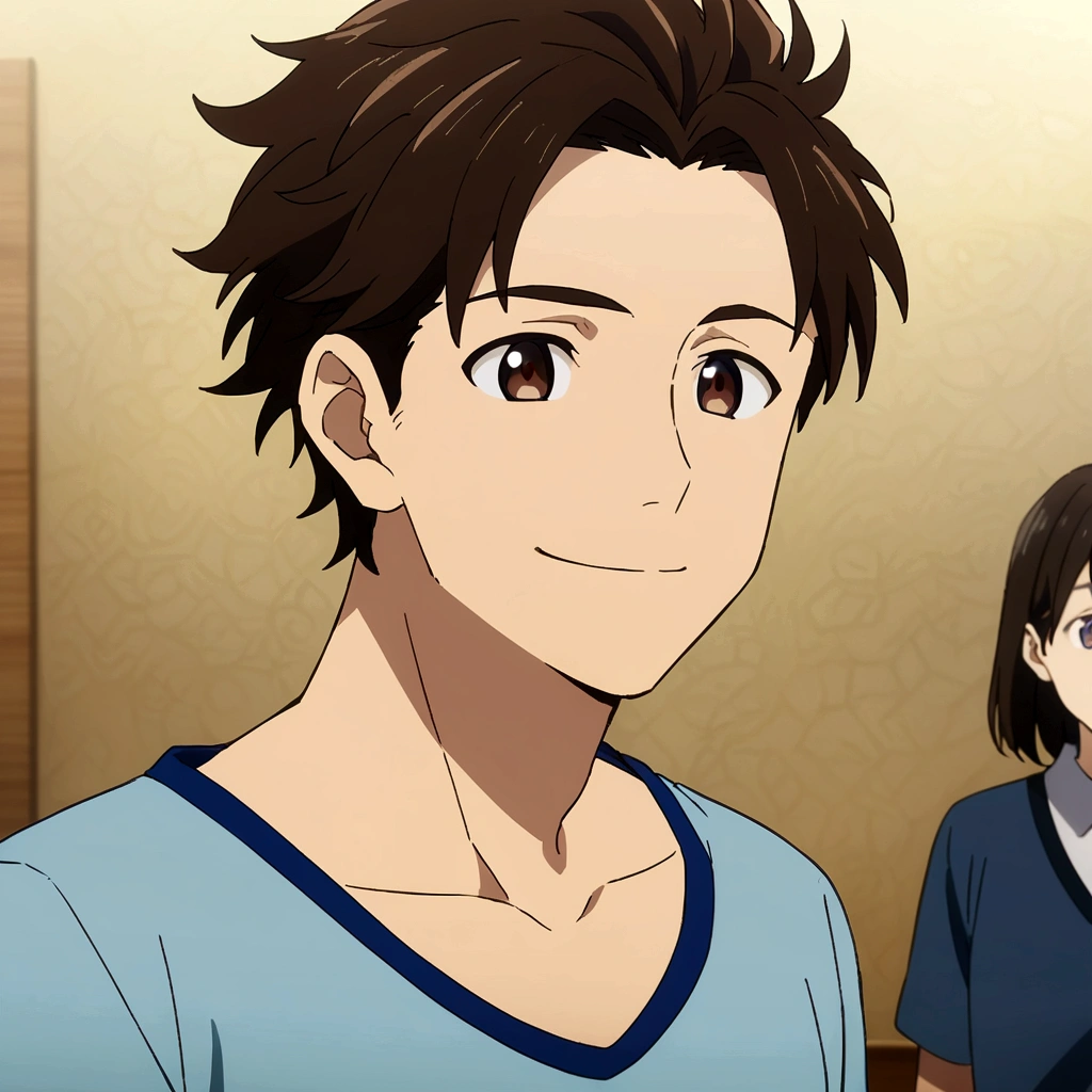 Smiling man in his 30s, Basic blue shirt, Dark brown eyes, Anime version