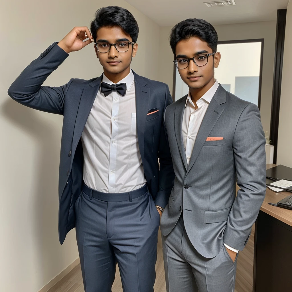 A 21 year old indian boy with fair skin Wearing spectacles and narrow body Posing for LinkedIn picture in formals
