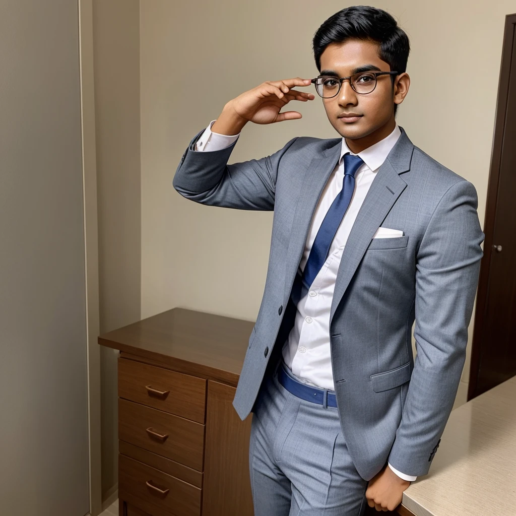 A 21 year old indian boy with fair skin Wearing spectacles and narrow body Posing for LinkedIn picture in formals 