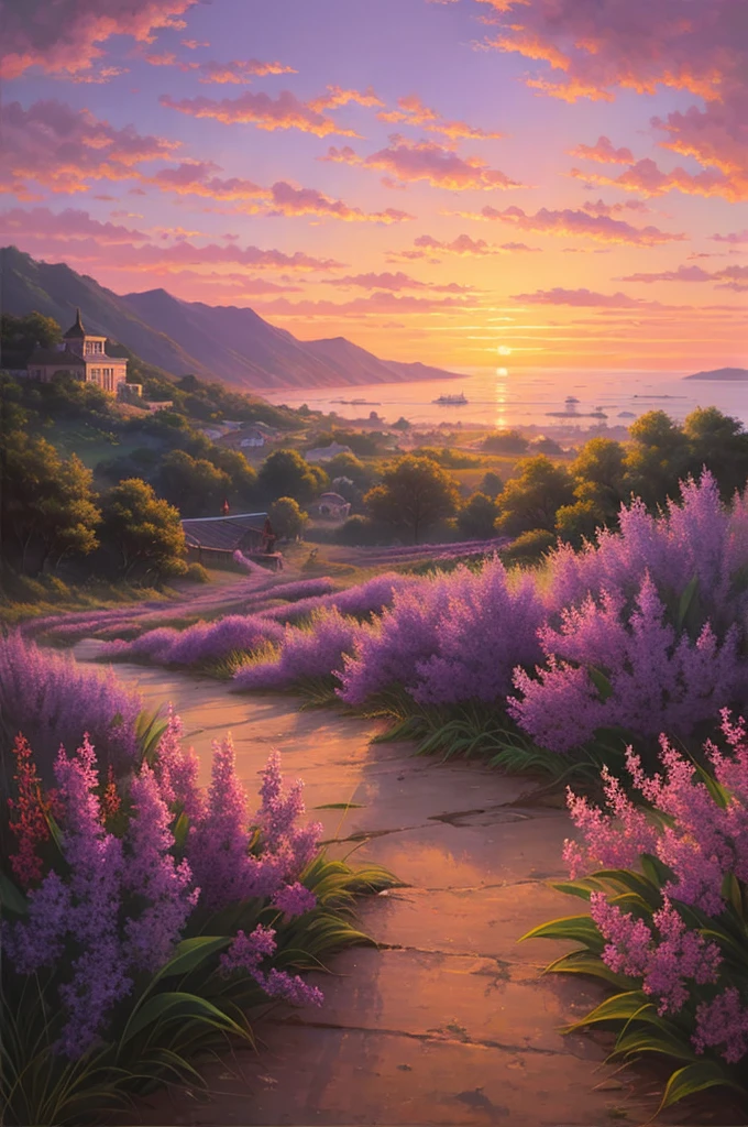 highest quality、Landscape painting、Beautiful sunset、Sunset、Lilac sky、dim、sentimental