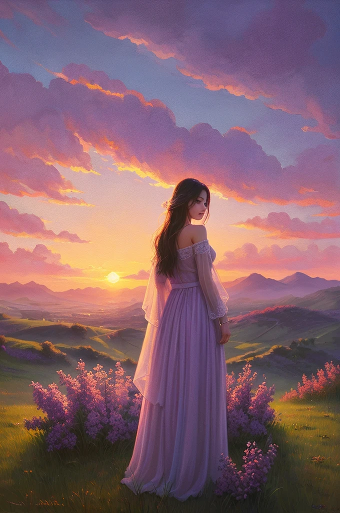 highest quality、Landscape painting、Beautiful sunset、Sunset、Lilac sky、dim、sentimental