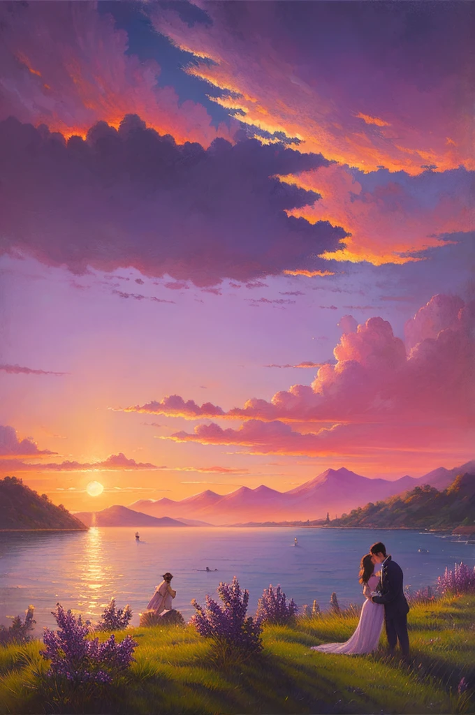 highest quality、Landscape painting、Beautiful sunset、Sunset、Lilac sky、dim、sentimental