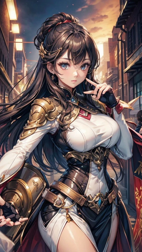 Beautiful woman、 ((Open Finger Gloves, Five Fingers)), (((Women's Mixed Martial Arts, Martial Arts)))、Fighter、和服のFighter、Brown Skin、Rin々Funny face、Fighting Pose、China dress、smile
