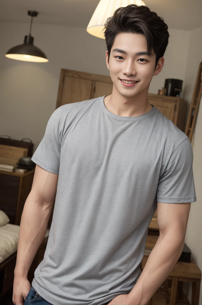 ((Highest quality, 8K, Masterpiece: 1.3))、Cool Korean guy, 1A man who has、 yo、Good appearance、Beautiful nose、smile、 Detailed eyes and face、beautiful light、(studio)、high resolution、(Look at the viewer.)、Fine mouth、smile、whole body: 1.5, perfect shape: 1.3, Picture of both shoulders:1.3, Gray round neck t-shirt:1.5