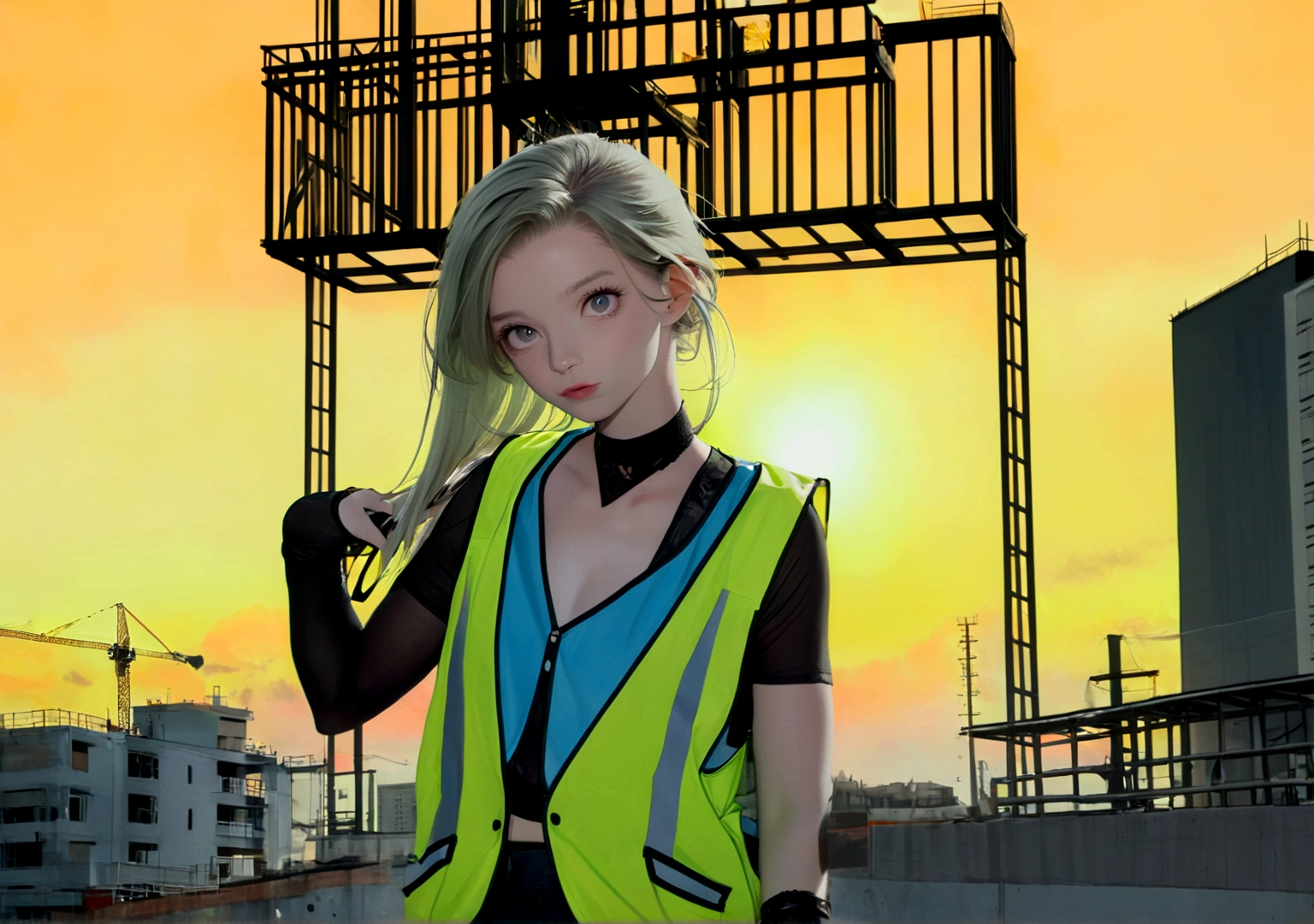 Project background shoot, photoshoot, building construction site, almost finish, 1 worker, saying hi, handsome construction workers, Indonesian male models, white skin, delicate eyes, wearing construction vest, wearing yellow construction helmet, sunset, cinematic