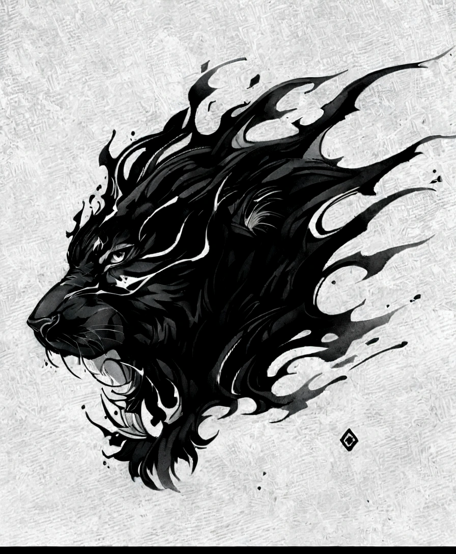 a black and white drawing of a lion's head with flames coming out of it, lion head tattoodesign, sumi ink style, striking detailed artstyle, dark but detailed digital art, panther, ink style, highly detailed vector art, black and white ink style, black ink line art, black and white vector art, on grey paper sketch ink style, dark linework