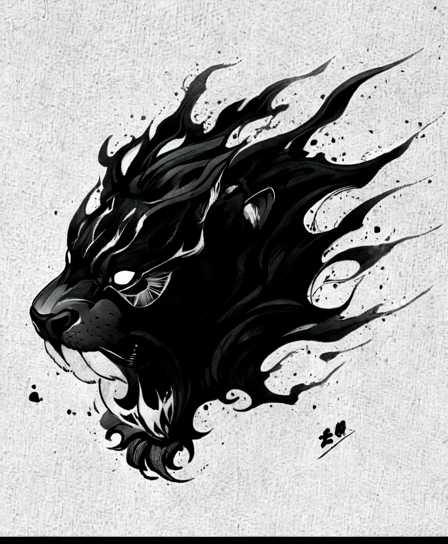a black and white drawing of a lion's head with flames coming out of it, lion head tattoodesign, sumi ink style, striking detailed artstyle, dark but detailed digital art, panther, ink style, highly detailed vector art, black and white ink style, black ink line art, black and white vector art, on grey paper sketch ink style, dark linework