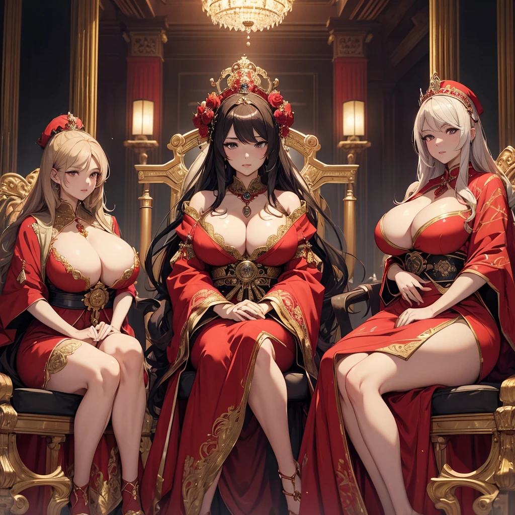 a woman with exaggerated large breasts, confident sitting on a throne, wearing a gorgeous red dress, a large ornate crown on her head, looking down at the viewer, detailed facial features, hyper-realistic, 8k, ultra-detailed, photorealistic, masterpiece, dramatic lighting, cinematic, oil painting、She is a Japanese woman、She is protected by the knights.