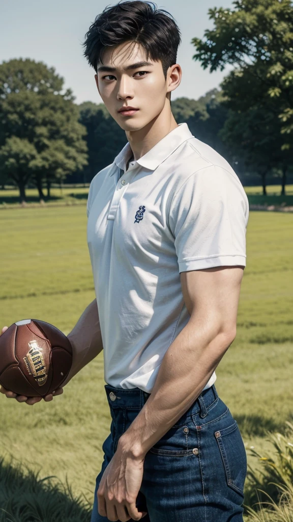 young korean man , 1 boy, white skin , Fine skin, 1 boy, ((realistic)), abdomen, good light quality, muscle veins, ((Pale skin)), football player, (Masterpiece, Special quality, high resolution, 8K, complicated:1.2), (detailed face:1.2), handsome, , Embossed, 1 boy,alone, look at viewer, Balancing the eyes, , (Make eye contact), , black polo shirt, With super tight navy blue jeans., big Embossed (In the countryside:1.5), (field:1.3)