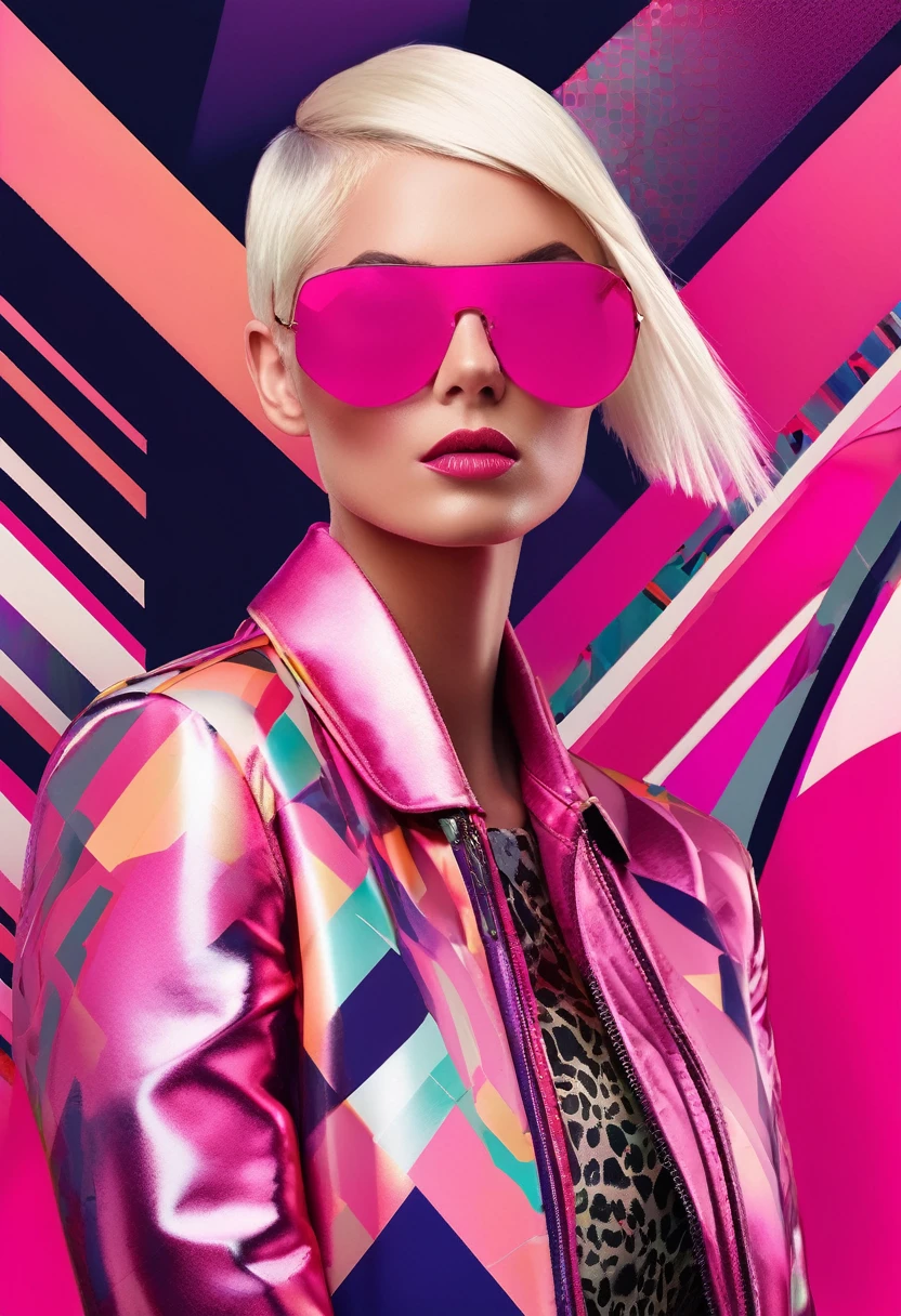 An edgy and modern rendering of a woman with sleek, platinum blonde hair and sleek, reflective pink sunglasses. She strikes a fierce pose against a backdrop of bold, abstract shapes and patterns, her head tilted to the side in a subtle nod to the avant-garde.