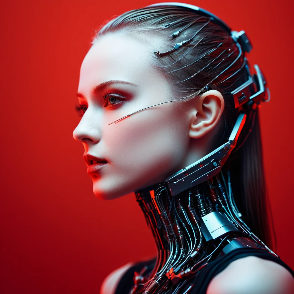 A beautiful ((evil slavic woman)), pale skin, long dark blond hair, with robotic features as a closeup shot of the face and neck, with circuitry on her skin, clean lines, minimal details, cyberpunk, portrayed in profile with a red background, futuristic design, in a 2D flat composition, red tones, digital art