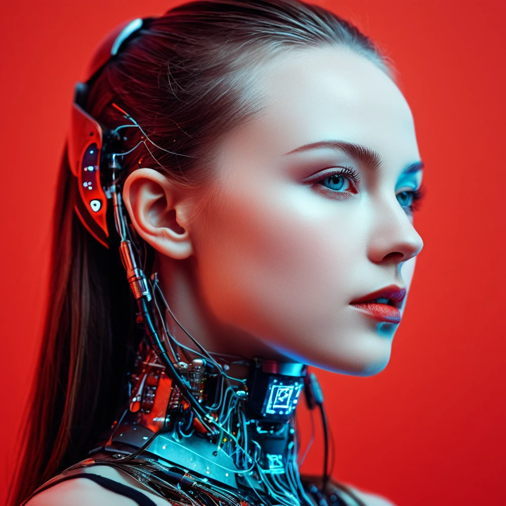 A beautiful ((evil slavic woman)), pale skin, long dark blond hair, with robotic features as a closeup shot of the face and neck, with circuitry on her skin, clean lines, minimal details, cyberpunk, portrayed in profile with a red background, futuristic design, in a 2D flat composition, red tones, digital art