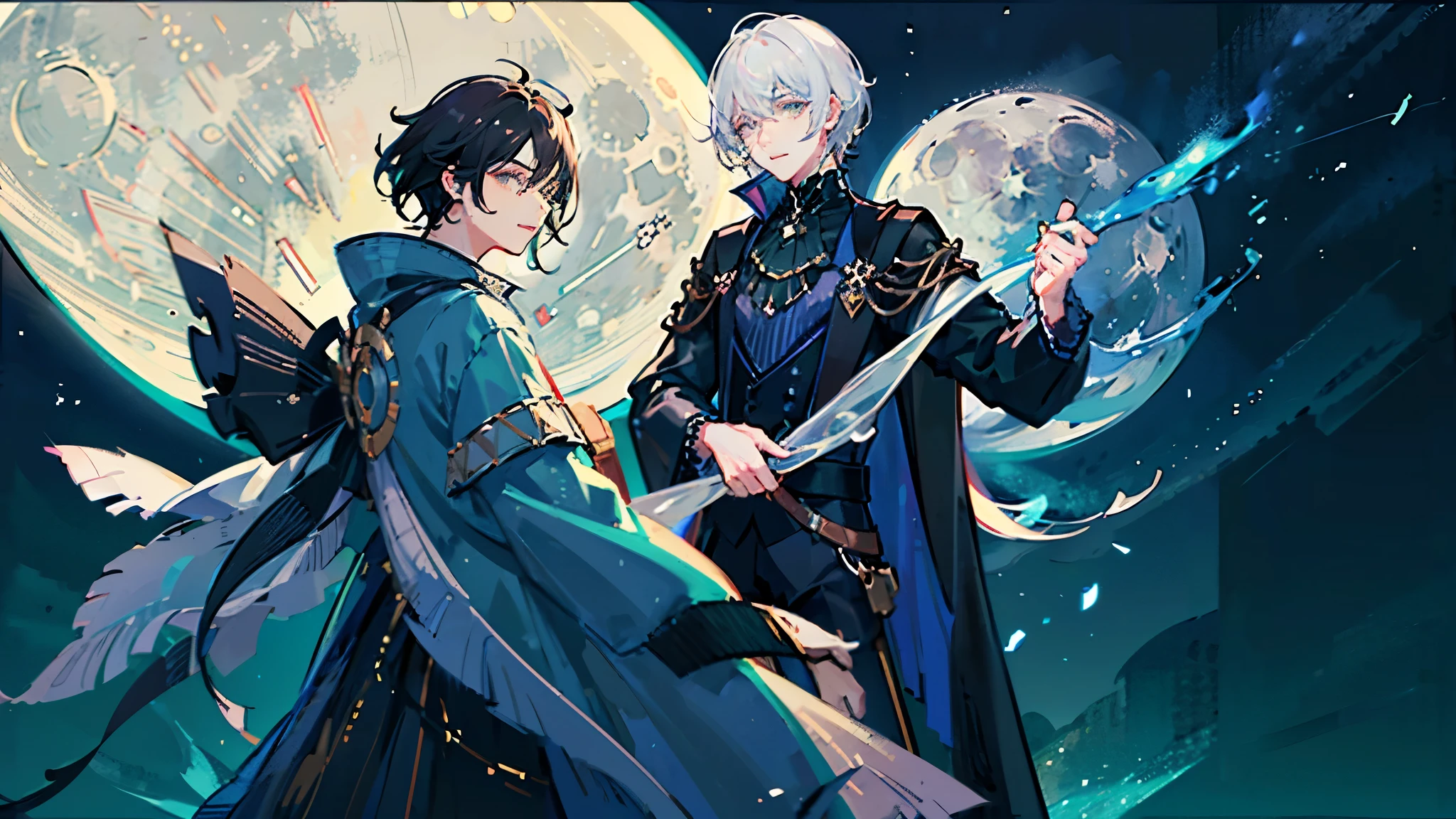 Two young men, black hair, green nape, wizard-like clothes, cute man, white hair, singer, live costume, cute man, facing backwards, night and moon background, youtube header