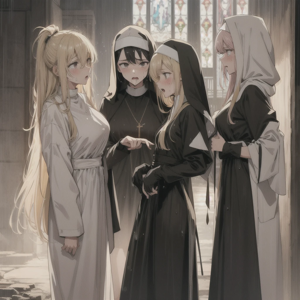 Super detailed,Two Girls,lily,Look at each other,eye contact,Breasts pressed against each other,Gripping a whip Three people arguing Full body view,A composition in which the whole body fits within the frame,Full body depiction on screen,The whole body is covered in glossy oil. My hair is completely wet from the rain Rubber puff sleeve sister outfit Golden Rosary Church interior background Stained glass Broken dirty bed A large amount of sweat is dripping from his forehead sunset Orange Room, Heavy sweat on face,cold sweat,Sweat dripping from my forehead, Drooling, Garbage is very scattered, Very dirty bed, My body is soaked in the rain The whole body is sticky with mucus threads anime Vinyl Sister Black Veil Nuns Shiny black sister outfit Blonde Long Hair Soaked in the pouring rain Super long black rubber gloves cute Pitiful clear Hanging eyes Angry expression Glaring Mouth slightly open Pale pink rouge Shiny black rubber rider suit Mucus clings to the whole body Wet lips Sweat is pouring out from my whole body Threads of saliva mucus are entangled all over the body The sister's uniform is shiny with lotion Embarrassing Blushing Sweaty all over Embarrassing Big breasts that look like their clothes will rip off very large chest Extremely distended chest huge chest bulge looking at the camera university student Age: 20 Illustrated style anime風 Frown beautiful girl cheeks pink Blonde Long Hair Super Curly Hair Super long sideburns Black rubber long socks that reach up to the crotch Soaked in the rain 濡れて透けたSuper long black rubber gloves Shocking Pink Rouge Super long black rubber boots The whole body is covered in oil and has a glossy appearance. Steam is coming out of my whole body Steam like a sauna room fills the entire screen. White breath from the mouth