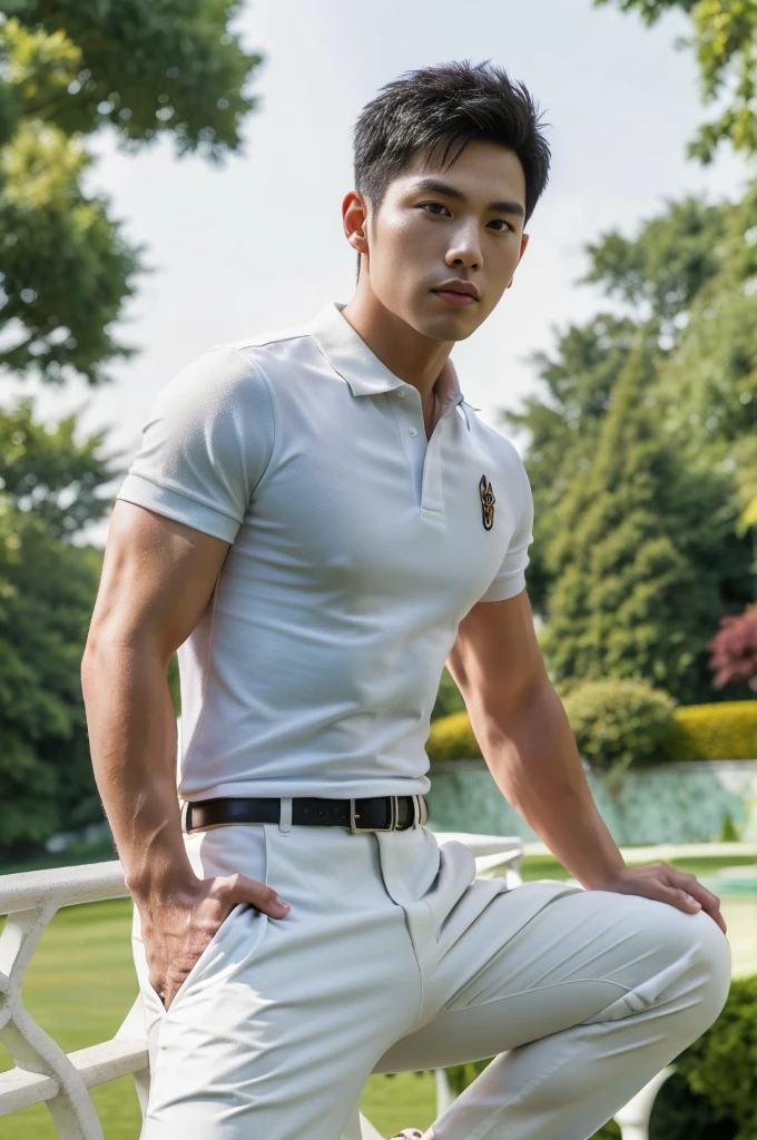 25 year old muscular Asian man, The face looks like that of an Indonesian artist., Bold and cool, Wear a tight white polo shirt., chest visible, Wear black trousers., ((in wonderland)), Pose, Photo model, Very high quality, Very high resolution,