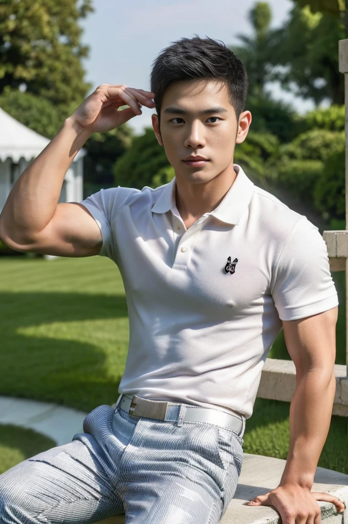 25 year old muscular Asian man, The face looks like that of an Indonesian artist., Bold and cool, Wear a tight white polo shirt., chest visible, Wear black trousers., ((in wonderland)), Pose, Photo model, Very high quality, Very high resolution,