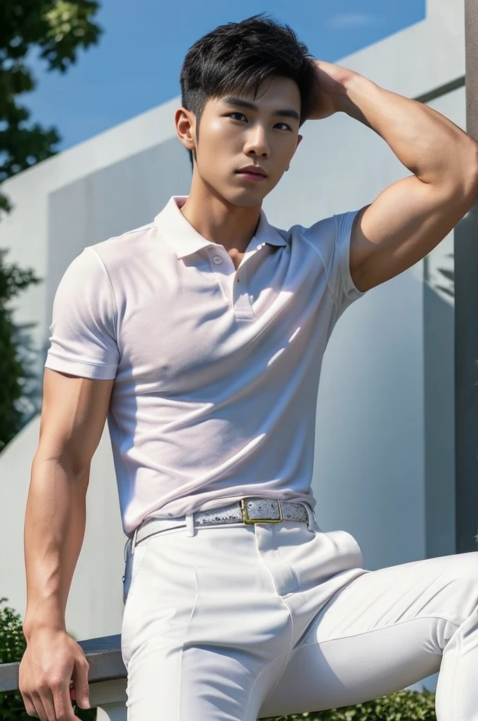 25 year old muscular Asian man, The face looks like that of an Indonesian artist., Bold and cool, Wear a tight white polo shirt., chest visible, Wear black trousers., ((in wonderland)), Pose, Photo model, Very high quality, Very high resolution,