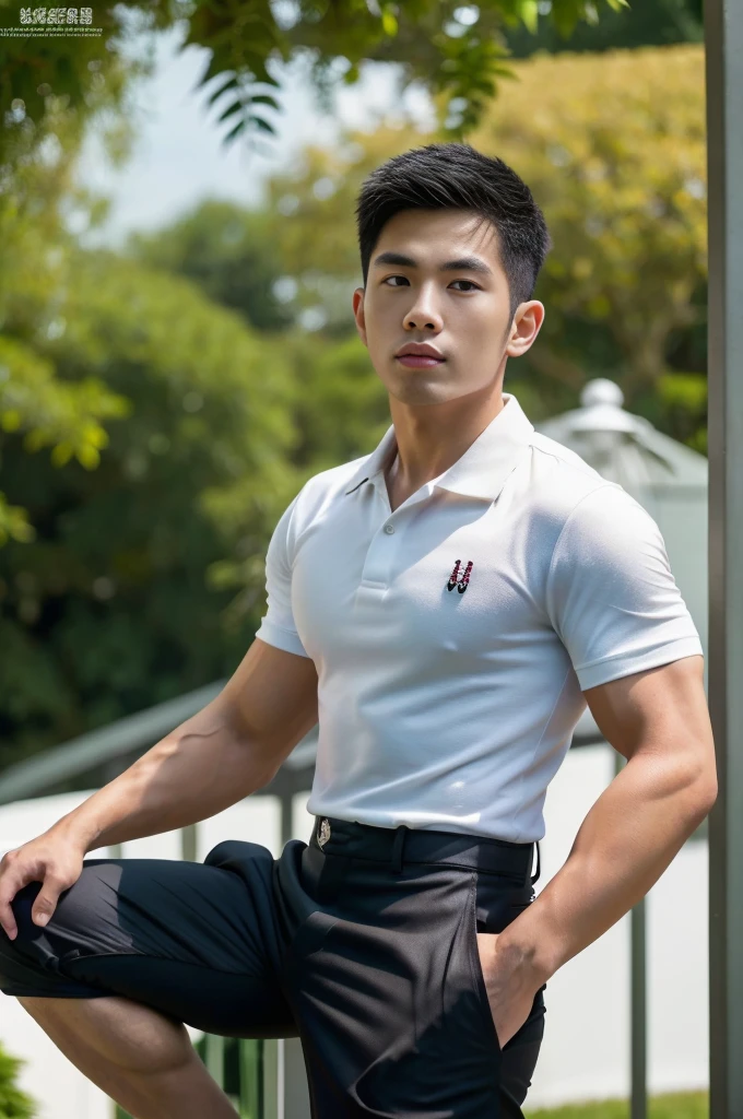 25 year old muscular Asian man, The face looks like that of an Indonesian artist., Bold and cool, Wear a tight white polo shirt., chest visible, Wear black trousers., ((in wonderland)), Pose, Photo model, Very high quality, Very high resolution,