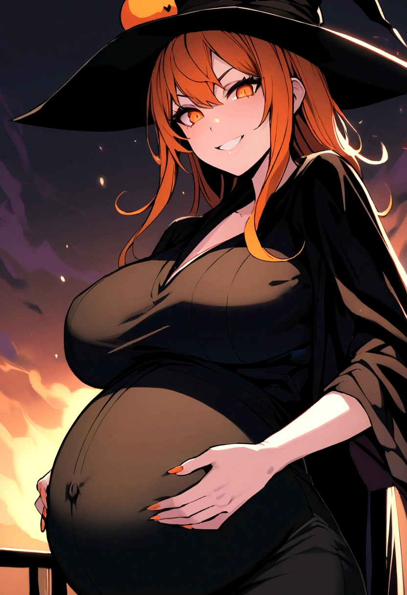 pregnant beautiful and sexy witch with short orange hair, orange eyes, black shirt, black skirt, black witch hat, malicious smile
