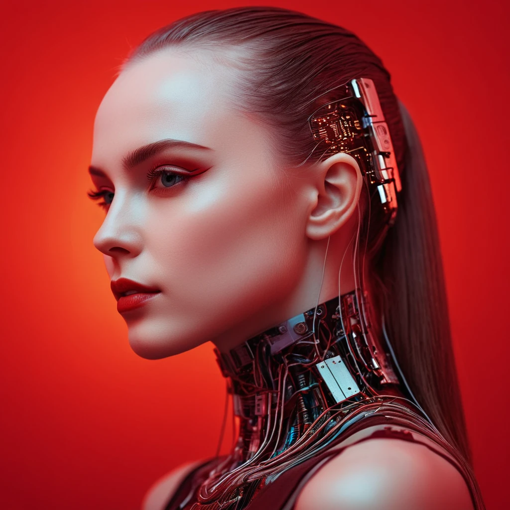 A beautiful ((evil slavic woman)), pale skin, long dark blond hair, with robotic features as a closeup shot of the face and neck, with circuitry on her skin, clean lines, minimal details, cyberpunk, portrayed in profile with a red background, futuristic design, in a 2D flat composition, red tones, digital art