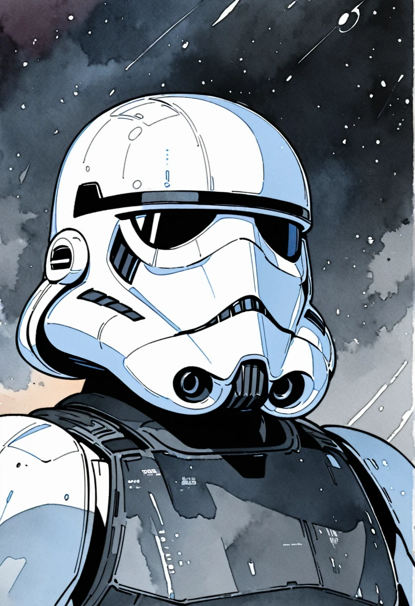 (masterpiece),(Highest quality),(Super detailed),(High resolution),((Line art)),((Watercolor)),8K,wallpaper,Stormtrooper,Helmet,Star Wars,((The background is space))