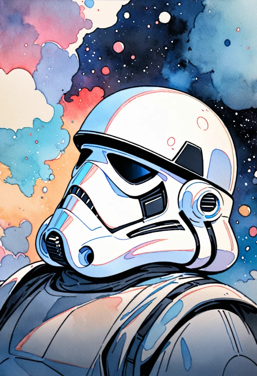(masterpiece),(Highest quality),(Super detailed),(High resolution),((Line art)),((Watercolor)),8K,wallpaper,Stormtrooper,Helmet,Star Wars,((The background is space))