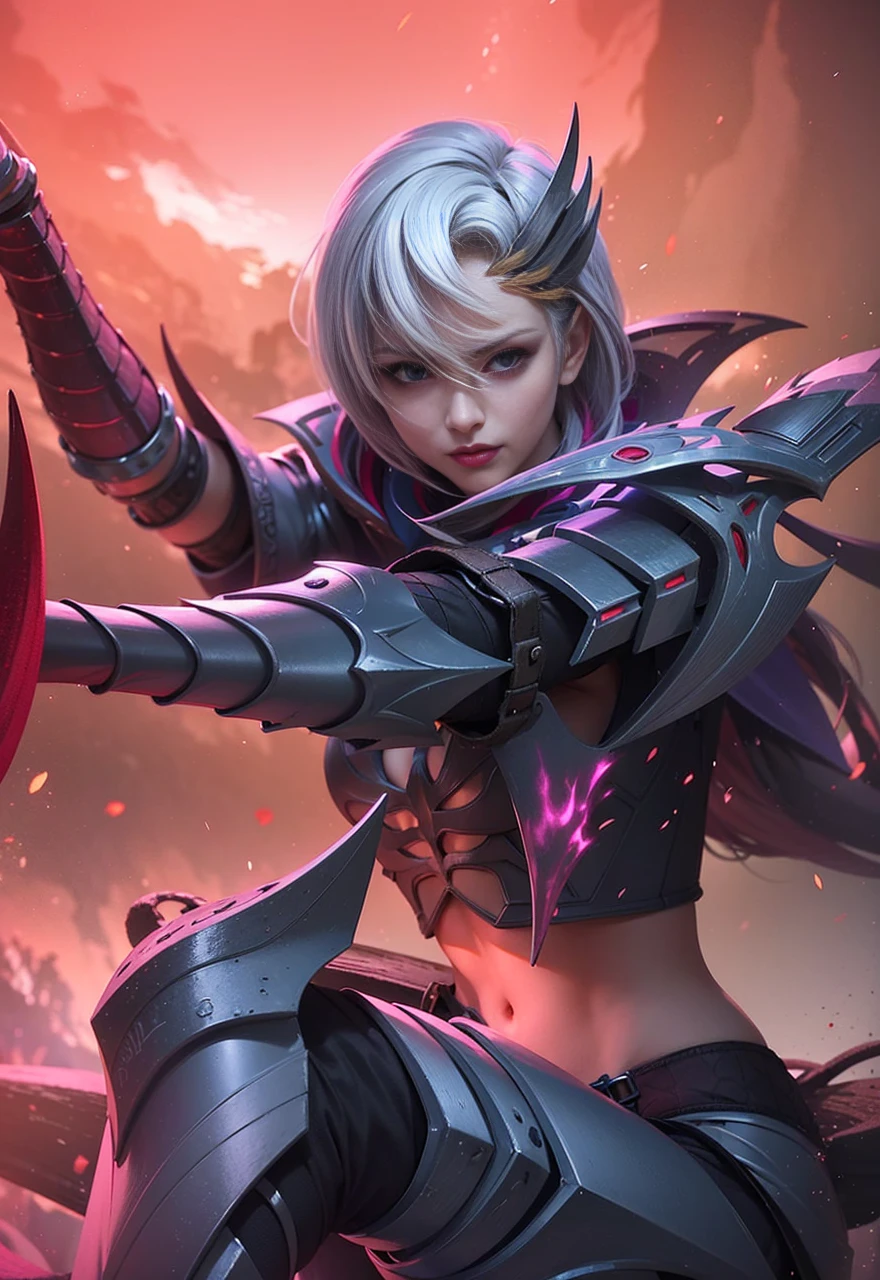 (female:1.2), 8k, ultra hd, ultra detailed texture, hyper realistic, masterpiece, detailed texture, detailed face, detailed skin, detailed lighting, (photorealistic:1.5), best quality, beautiful lighting, cinematic lighting, professional lighting, ultra highres, realistic, detailed hair, real hair, high quality, (realskin:1.5), extremely detailed, finely detail, ultra-detailed, 1girl, solo, elf, pointy ears, standing, demon horns, forehead protector, v-shapped eyebrow, lips, red lips, evil smile, nose, make up, pretty, beautiful, cute face, long hair, blue hair, high ponytail, large breasts, cleavage, armpit, navel, stomach, black armor, pauldrons, bare shoulders, shoulder armor, thigh high, sleevless, detached sleeves, breastplate, gauntlets, karina \(mobile legends\), depth of field, looking aways, white skin, skin tight, amazing pose, outdoors, glowing, dark view.