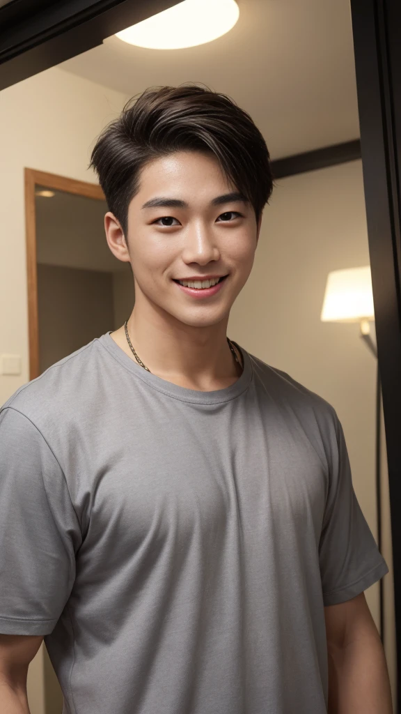 ((Highest quality, 8K, Masterpiece: 1.3))、Cool Korean guy, 1A man who has、 yo、Good appearance、Beautiful nose、smile、 Detailed eyes and face、beautiful light、(studio)、high resolution、(Look at the viewer.)、Fine mouth、smile、whole body: 1.5, perfect shape: 1.3, Picture of both shoulders:1.3, Gray round neck t-shirt:1.5