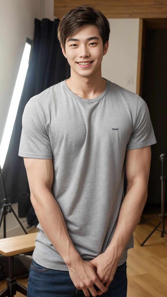 ((Highest quality, 8K, Masterpiece: 1.3))、Cool Korean guy, 1A man who has、 yo、Good appearance、Beautiful nose、smile、 Detailed eyes and face、beautiful light、(studio)、high resolution、(Look at the viewer.)、Fine mouth、smile、whole body: 1.5, perfect shape: 1.3, Picture of both shoulders:1.3, Gray round neck t-shirt:1.5