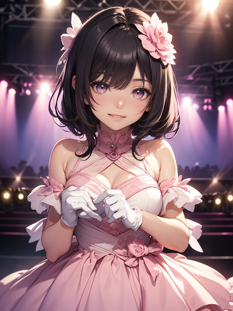 (Awareness-raising:1.1)、(Highest quality)、(masterpiece:1.1)、(Beautiful and vivid background:1.25)、(masterpiece、Highest quality、Ultra-detailed)、(anime cg)、(Beautiful and fine details)、Big Stage、Stage lighting、(black Hair、Redhead)、
One Girl、alone、Looking at the audience、Cowboy Shot、Upper body、
Ayumu Uehara、pink Eyes、Ruffled Dress、Pastel Pink Dress、A light smile、Depth of written boundary、(Pastel pink gloves:1.4)、Frilled gloves、Sweeping bangs、
Exposing shoulders、Close one eye、Rounded teeth、
Love Pose,Double V,
