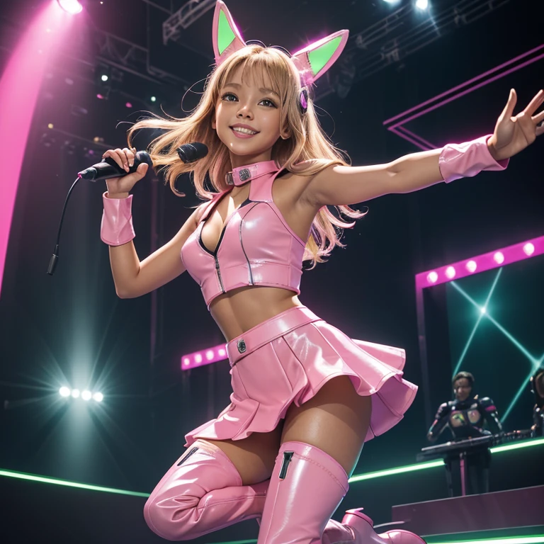 (masterpiece), (best quality), (high res) Solo, (perfect anatomy young girl (10 years old), tanned brown skin, light blonde hair (shoulder length), green eyes, (pink skin tight idol outfit), (pink high heels boots), (shirt), (super tight pinkmini skirt), smiling, flat chest in a futuristic stage setting with a green light, cyberpunk, cyber suit, best anime 4k, cybersuits, singing to a big crowd of people, dog collar, pink lipstick, rabbit ears
