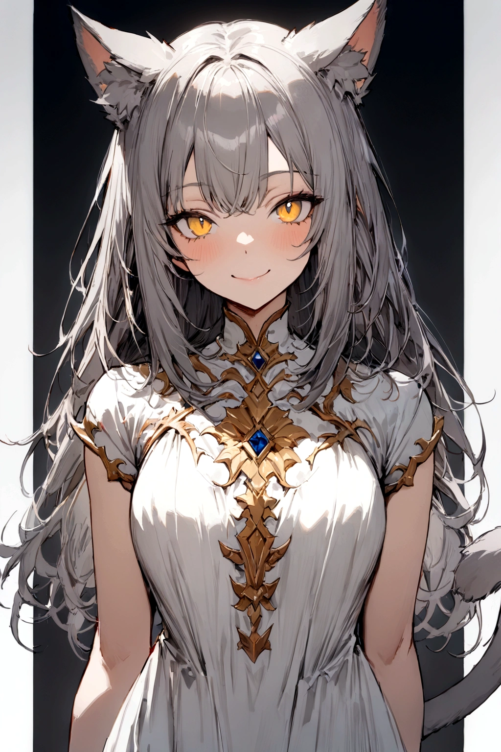 ((masterpiece)), ((best quality)), (from front, facing front:1.1), (close-up:1.2), (half-body shot:1.36), perfect anatomy, 1girl, solo, adult cat girl, long gray straight hair, yellow round eyes, gray cat ears, gray fluffy cat tail, basic short-sleeved loose white dress, smiling, looking at viewers